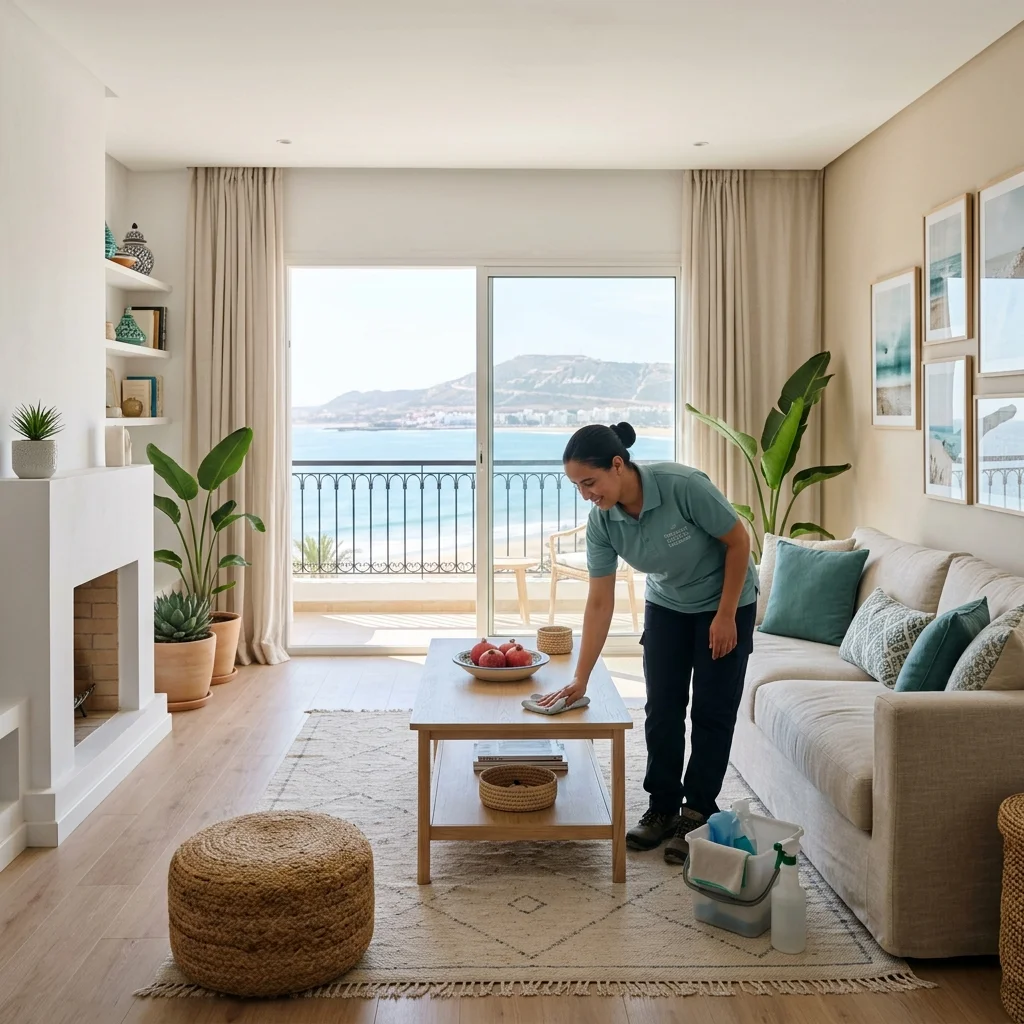Femme de ménage dans un appartement moderne à Agadir